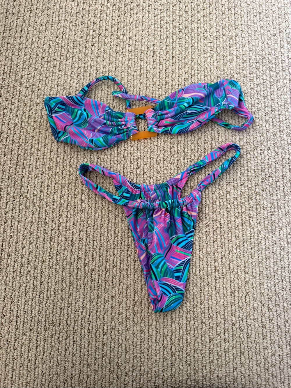 Vibrant Leaf-Print Bikini Set in Teal, Purple & Pink